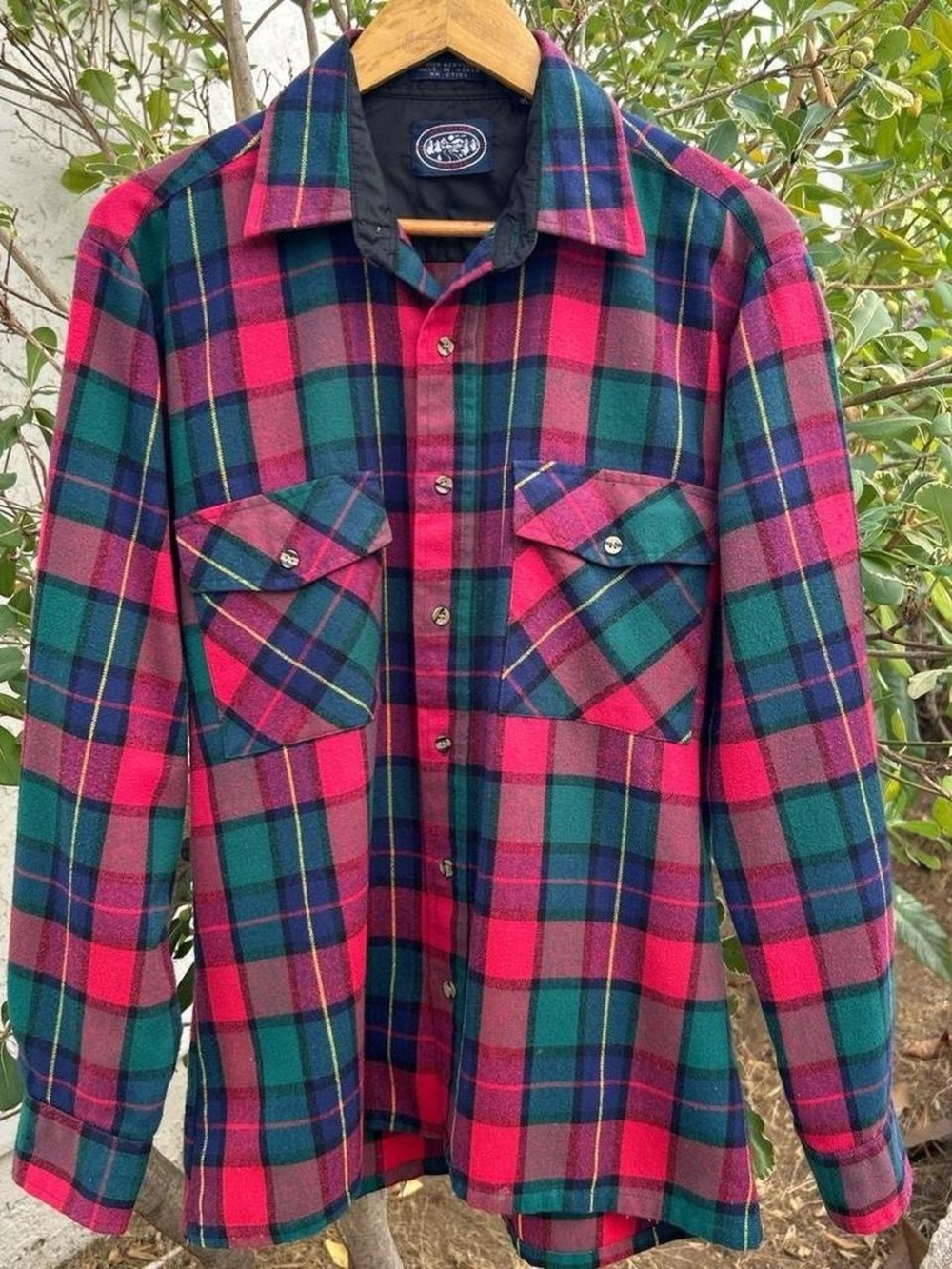 Vintage 1980s Alpine Trail Plaid Flannel Shirt M Red Green Acrylic Korea